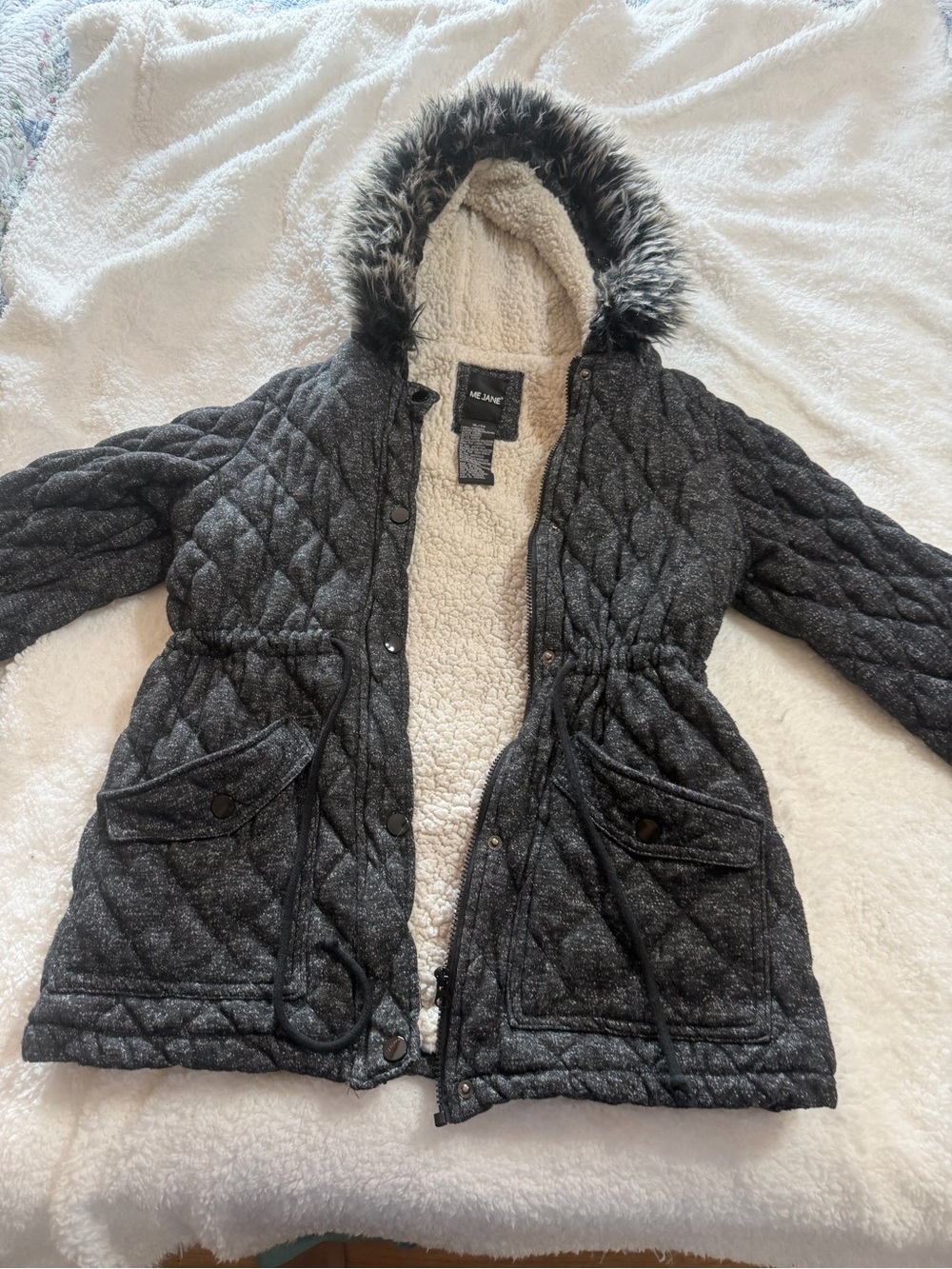 Me Jane Women's Dark Gray Quilted Hooded Puffer Coat with Faux Fur Trim xl